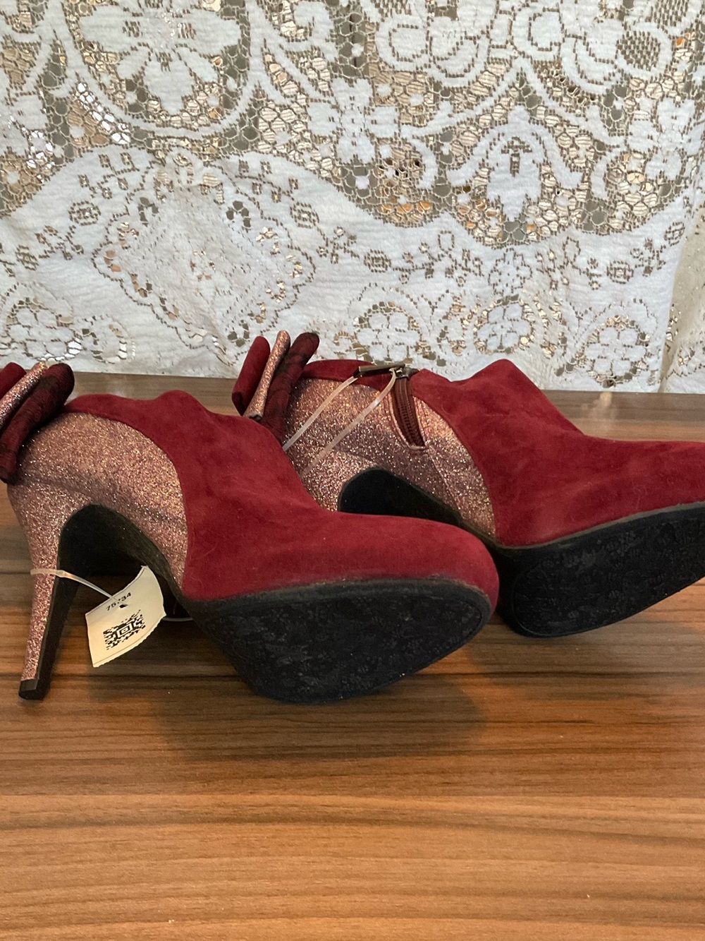 Bamboo Rhythm-73 Burgundy Glitter Bow Stiletto Booties Size 9 - Picture 7 of 9